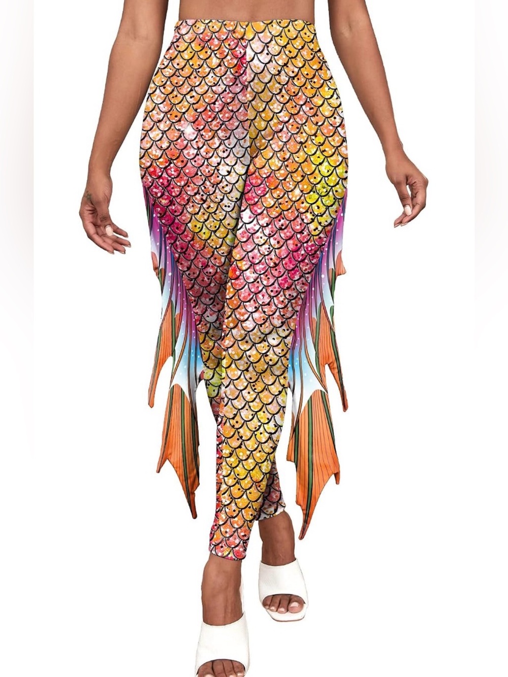 Orange & Pink Mermaid Scale Fringe Leggings